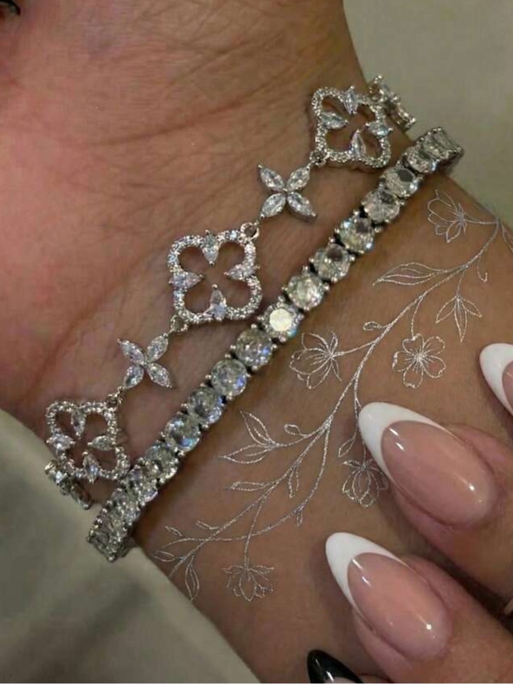 Crystal Silver Tennis and Floral Link Bracelet Set - Silver